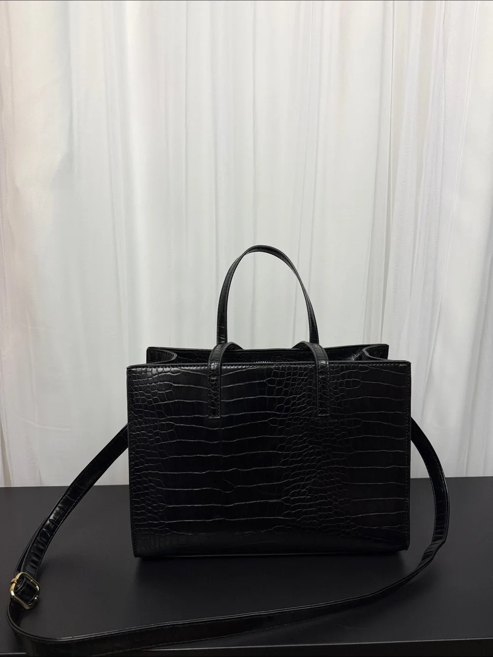 Classic Black  Faux Croc-Embossed Tote Bag - Women